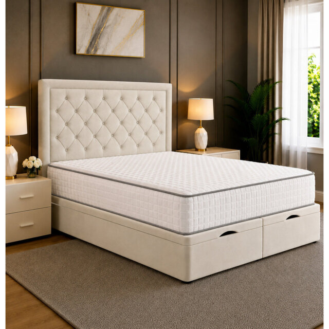 Milan Chesterfield Tufted Divan Storage Ottoman Bed Frame with Floor Standing Headboard