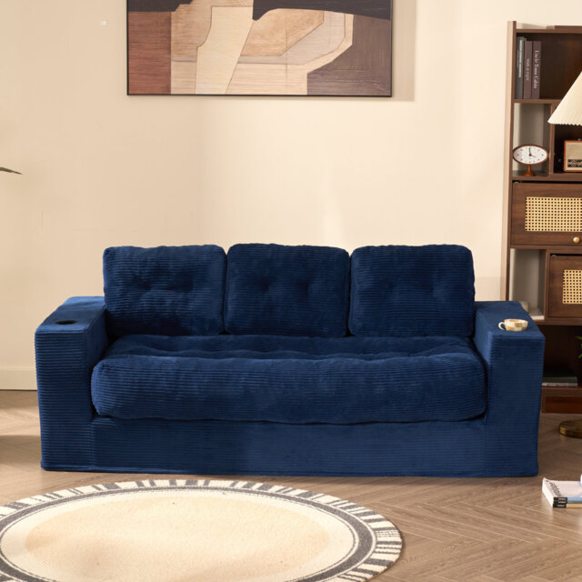 3 Seater Sofa with Cup Holders, Foam Upholstered Couch, No Assembly Required for Living Room