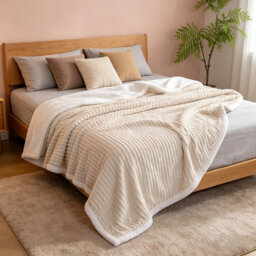 Striped Flannel & Sherpa Large Size Throw Blanket, Soft & Cozy Warm Blanket for Bed, 220 X 240CM