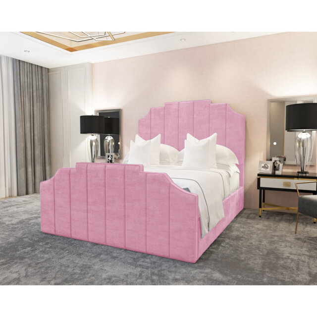 Annalei Regal Velvet Upholstered Bed Frame - Shaped Headboard, Chrome Feet