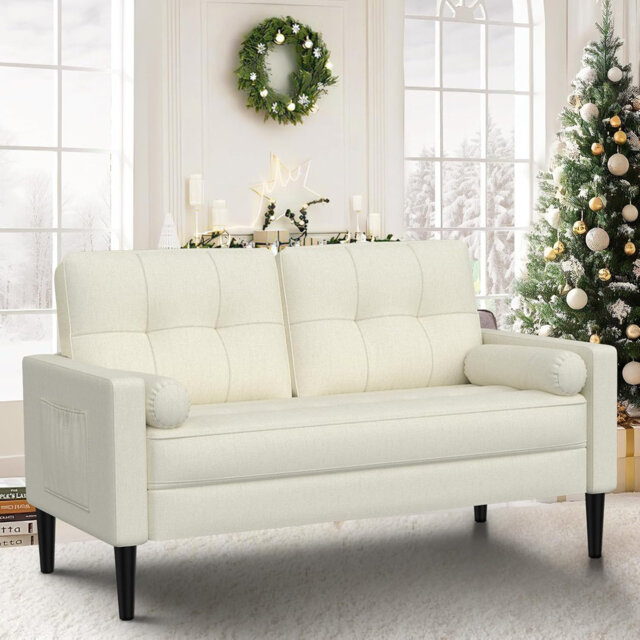 Modern 2-Seater Sofa with Pillows, Beige Linen Fabric Upholstery for Living Room