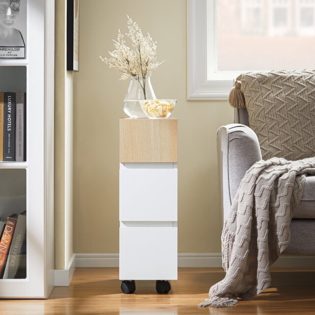 Slim Rolling Side Table With 2 Drawers - Bedside Table With Wheels For Small Spaces, Narrow Wheeled Nightstand For Bedroom/Living Room