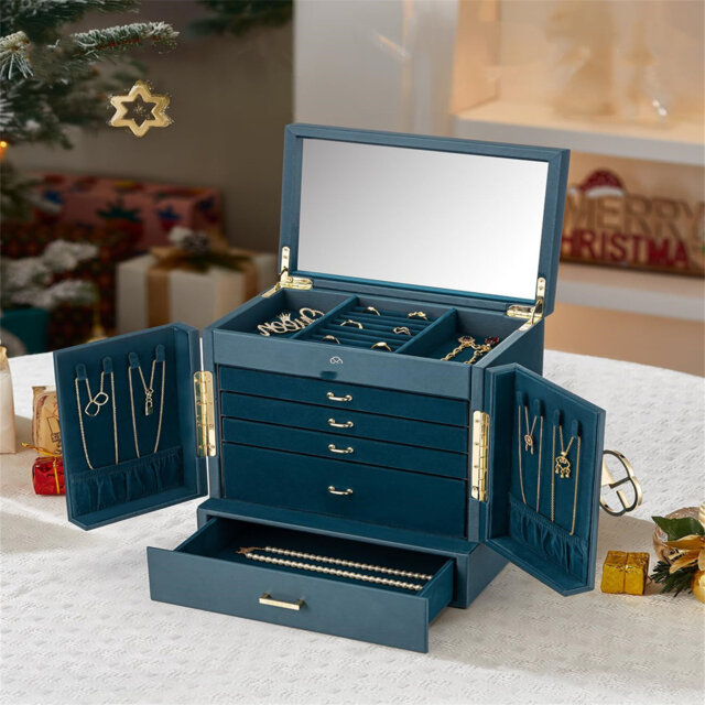 6 Layer Jewellery Box, PU Leather Jewellery Organiser With Removable Jewellery Tray For Necklace Earrings Rings Bracelets, Jewellery Storage Display C
