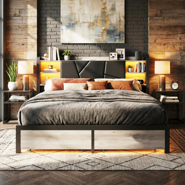 EU Double & King RGB LED Metal Storage Platform Bed with USB-C Charging, PU Tufted Headboard & 2 Footboard Drawers, Black, 140/160x200cm