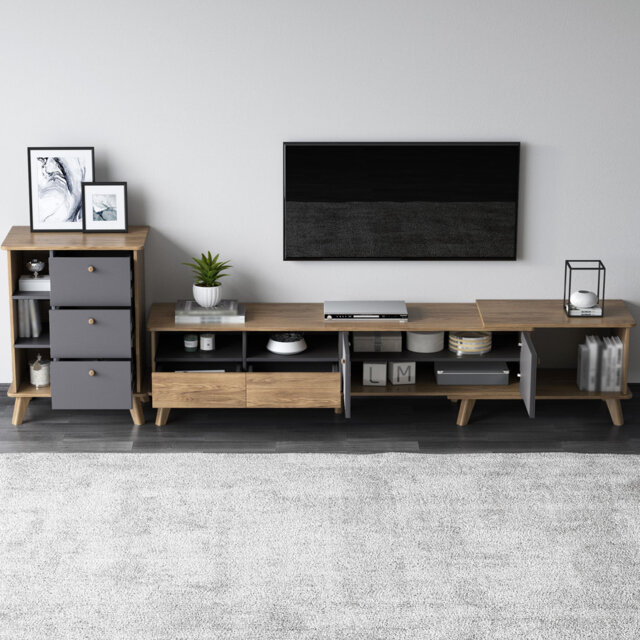 Expandable Tv Stand And Chest Set 165-205cm Oak & Grey Tv Unit With Drawers For 50-80 Inch Tv Living Room