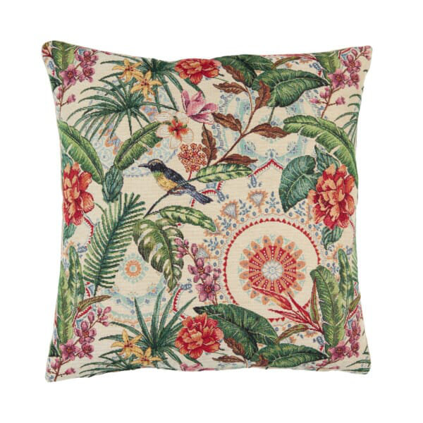 Exotic Jungle Bird Tapestry Cushion with Feather Filler