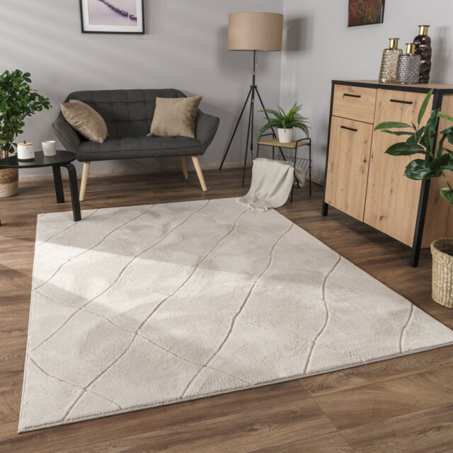 Rug in living room, bedroom, short pile, Scandi diamond pattern, plain 3D gray