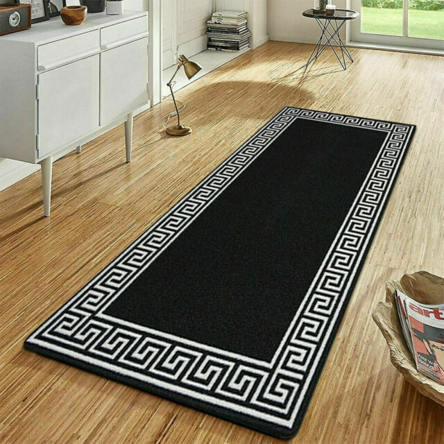 Greek-Key Black White Non-Slip Polypropylene Area Rug — Washable Door Mat & Hallway Runner for Living Room, Kitchen & Bedroom