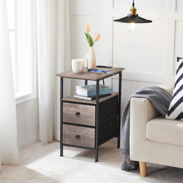 Bedside Table With Charging Station, With 2 Non-Woven Drawers, Slim Side Table With USB Ports And Power Outlets, Narrow Side Table For Small Spaces