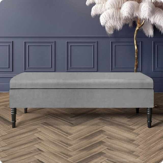 Safar Plain Upholstered Plush Velvet Ottoman Storage Bench with Black Turned Wooden Legs