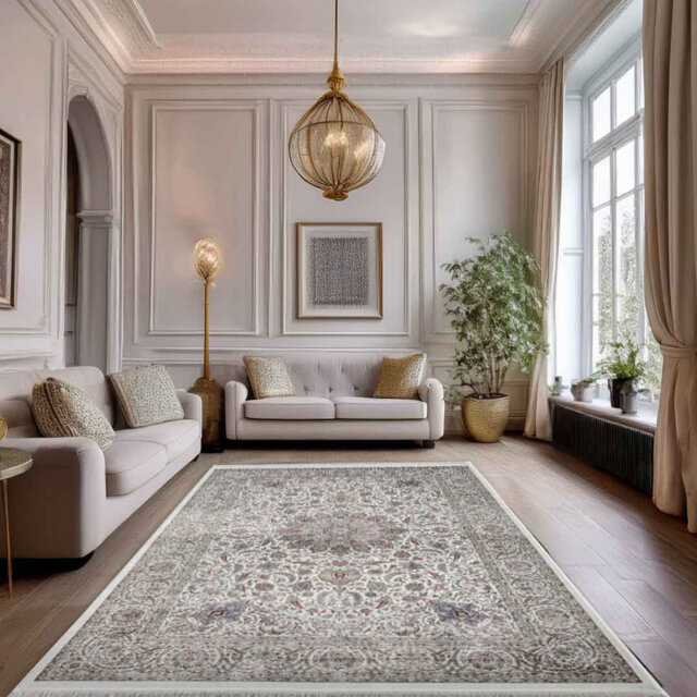 Minyatur V377A White Medallion Area Rug – Traditional Low-Pile 100% Viscose Carpet, Flatwoven Design