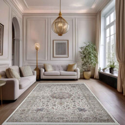 Minyatur V377A White Medallion Area Rug – Traditional Low-Pile 100% Viscose Carpet, Flatwoven Design