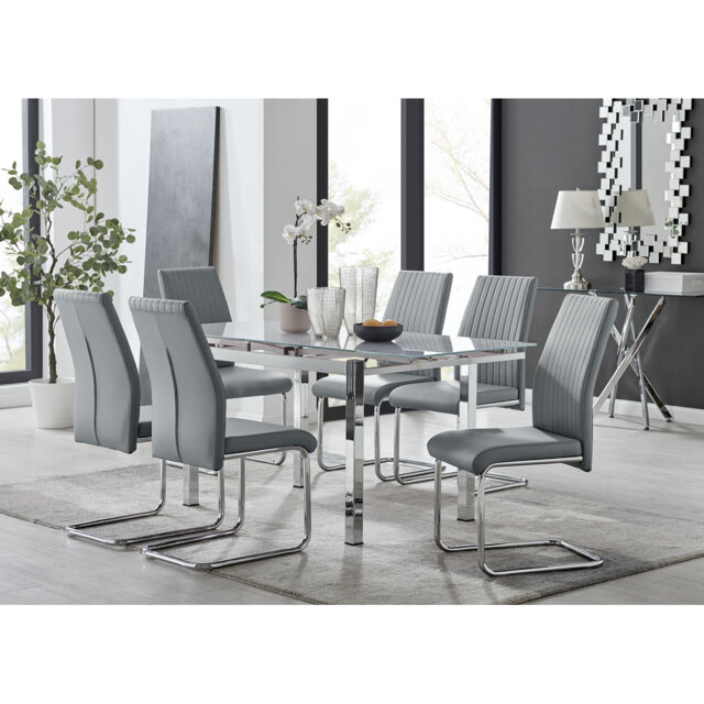 Tierra Modern Glass & Metal Extendable Dining Table Set & 6 Luxury Faux Leather Dining Chairs
