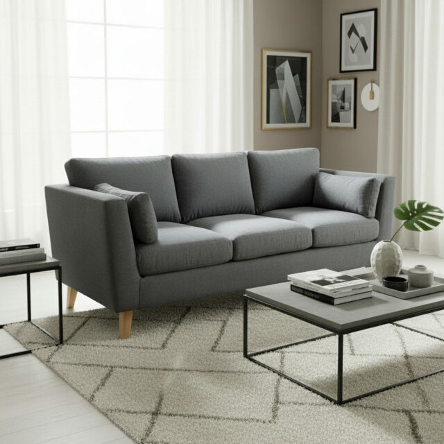 Aida 3 Seater Sofa Dark Grey Structured Woven Fabric 206cm Scandi Style with 17cm Wooden Legs