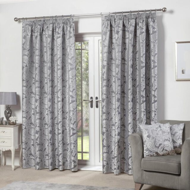2 Panels Pencil Pleat Curtains Lined Woven Damask Tape Top Curtains (Silver, 137 x 168 cm)