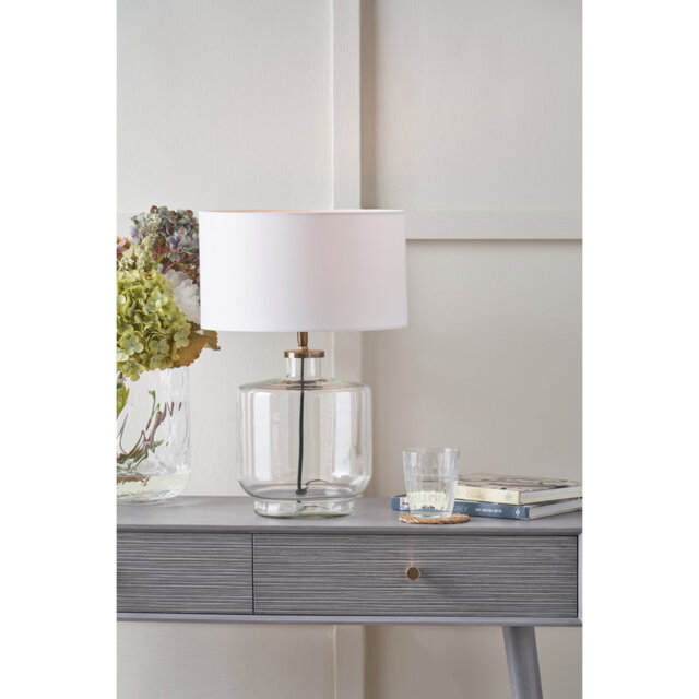 Bhakti Clear Glass and Antique Brass Metal Table Lamp Base with Edward 30cm Pistachio Green Linen Cylinder Lampshade