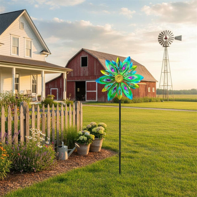 Peacock Double Wind Spinner: Vibrant Metal Garden Art Sculpture