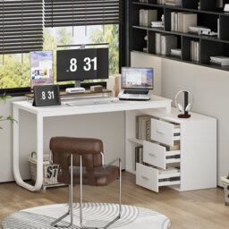 140cm Rotating L-Shaped Desk with 3 Drawers & Storage Shelves - Reversible Home Office Corner Desk
