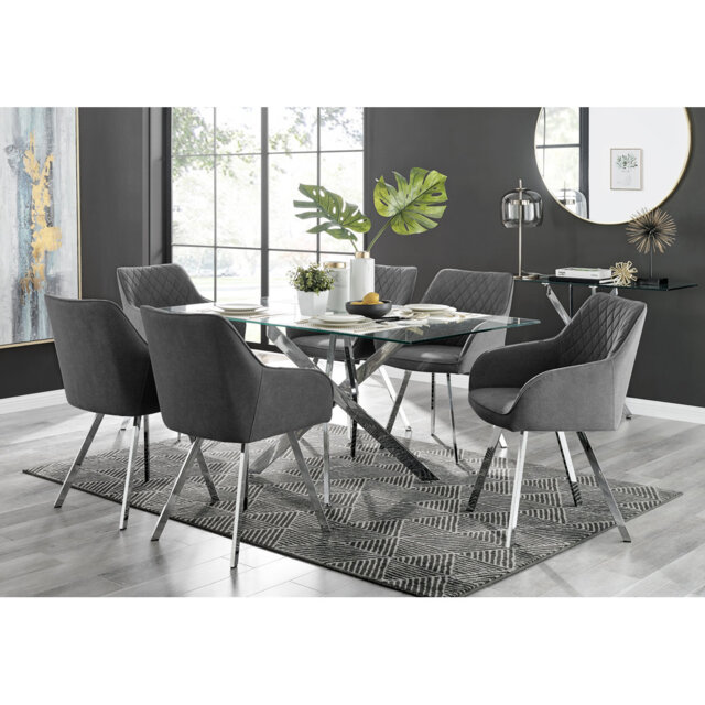 Lenworth Chrome and Glass Rectangular Dining Table Set with 6 Luxury Upholstered Fabric Chairs