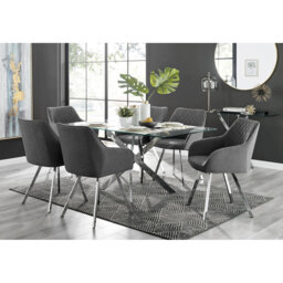 Lenworth Chrome and Glass Rectangular Dining Table Set with 6 Luxury Upholstered Fabric Chairs