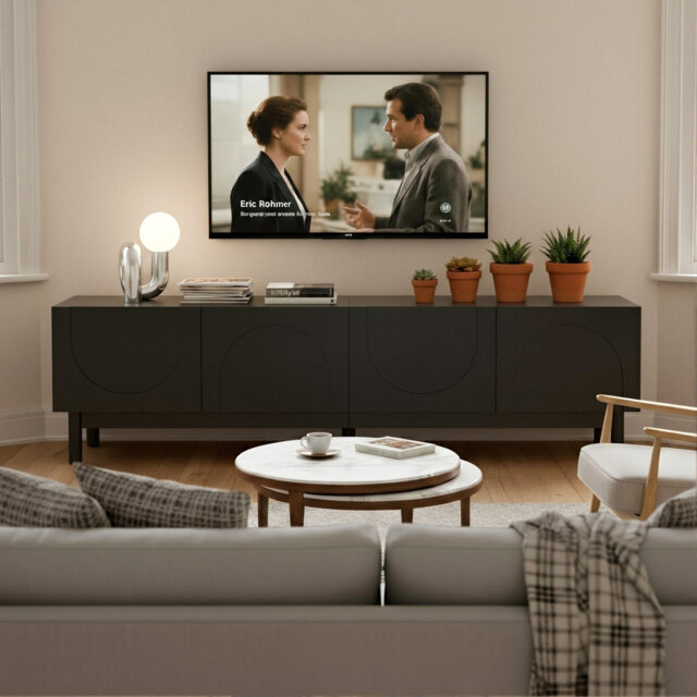 169Cm TV Stand For 75 Inch Tvs, Scandinavian TV Cabinet With 4 Doors, White & Black