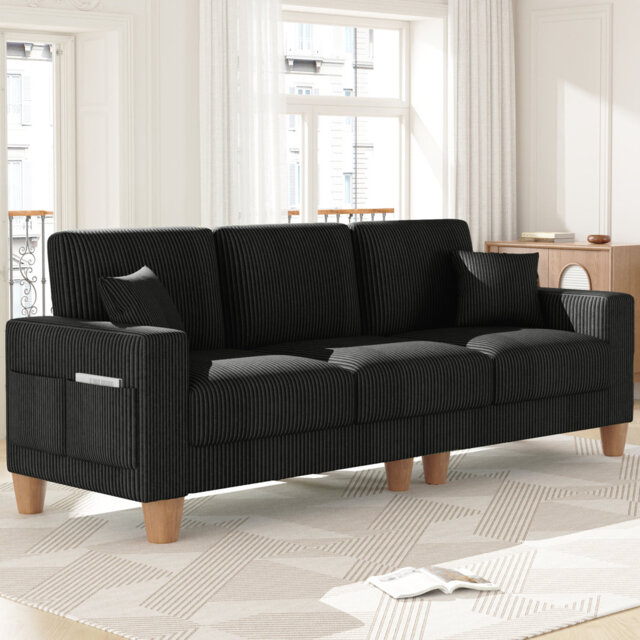 Oversize Sofa 256cm Corduroy Sofa with 3 Seats, No Tool Assembly,Solid Wood Frame and Solid Wood Legs