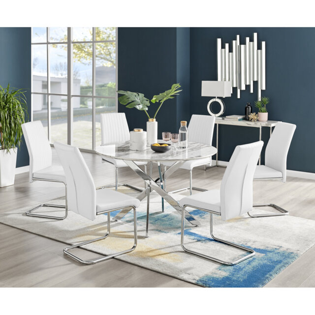 Tierra Modern Chrome Metal & Glass Round Dining Table Set with 6 Upholstered Faux Leather Chairs