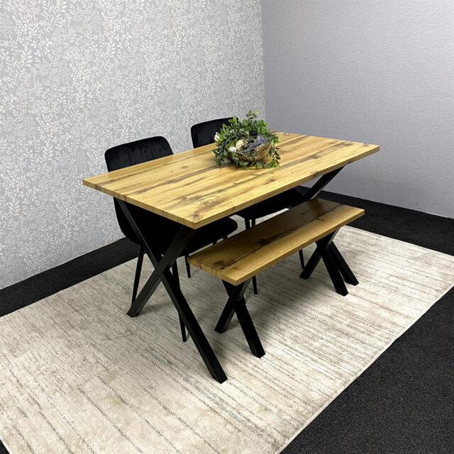 Wooden Dining Set with 2 Black Velvet Chairs and a bench Dining Room Furniture