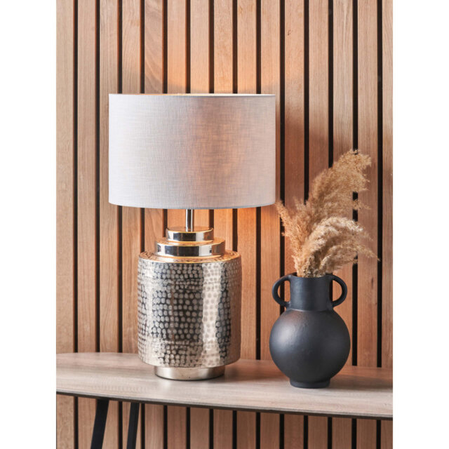 Zuri Shiny Silver Metal Pot Table Lamp Base with Lino 35cm White Self Lined Linen Cylinder Lampshade