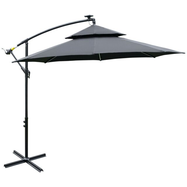 3m Black Cantilever Banana Parasol, Double Tier Hanging Patio Umbrella With Solar Led Lights, Crank Handle, 8 Ribs And Cross Base For Garden Patio