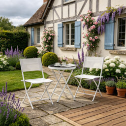 3 Piece Outdoor Bistro Set White Glass Top Table and 2 Folding Chairs with Protecting Feet for Patio Balcony Garden