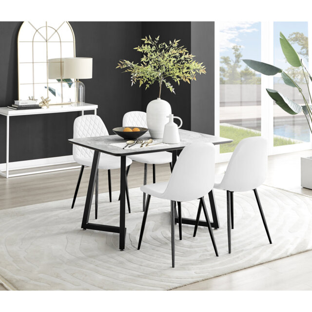 Industrial Design White & Grey Marble Effect Melamine Dining Table Set with 4 Faux Leather Chairs