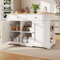 Wood Grain Foldable Kitchen Island Cart with Power Outlet, Rolling Serving Buffet Cabinet with Drawers & Compartments, White