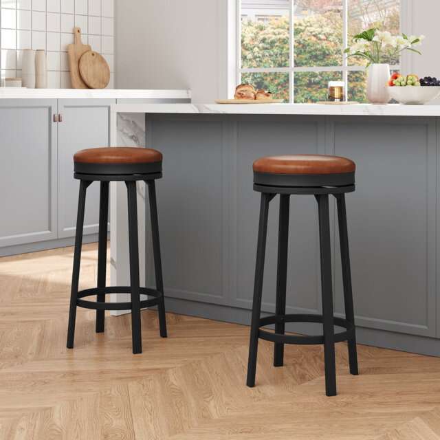 "Black/Brown Swivel Backless Bar Stools with Footrest,30.7"" Height and 360° Swivel,Round PU Faux Leather Seat and Metal Frame"