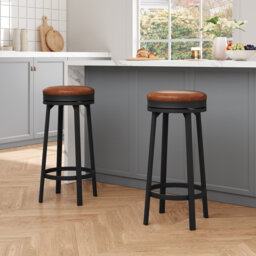 "Black/Brown Swivel Backless Bar Stools with Footrest,30.7"" Height and 360Â° Swivel,Round PU Faux Leather Seat and Metal Frame"