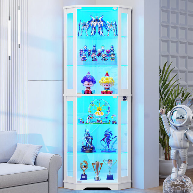 "71"" Corner Display Cabinet with Glass Doors, 6 Tier Curio Cabinet with 3 LED Lights"