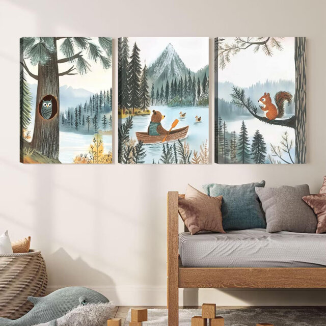 Woodland Animal Canvas Wall Art Set Of 3 Bear Owl & Squirrel Posters Prints Adventure Theme Nursery Pictures Wall Decor For Kids Bedroom Or Playroom R