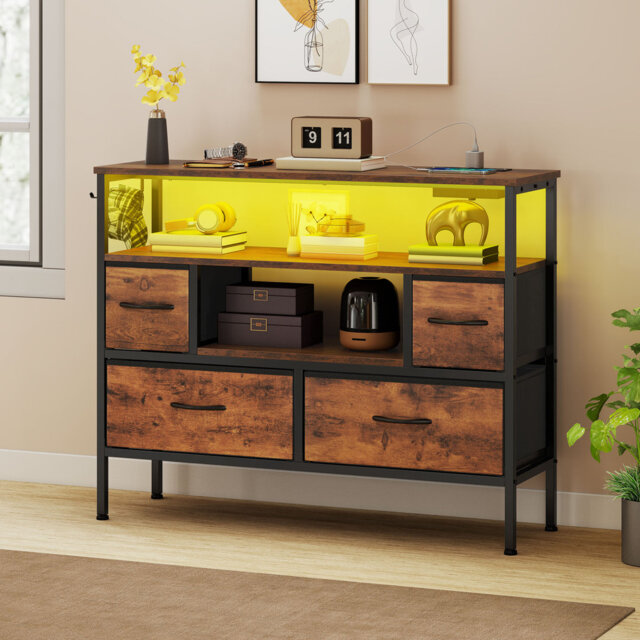 4-drawer Chest Of Drawers,dresser With 2 Sockets 2 Usb Ports And Led Light Strip,tv Cabinet With Side Hooks