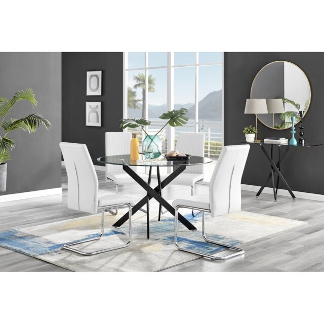 Tierra Modern Chrome Metal & Glass Round Dining Table Set with 4 Upholstered Faux Leather Chairs