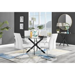 Tierra Modern Chrome Metal & Glass Round Dining Table Set with 4 Upholstered Faux Leather Chairs