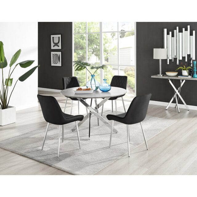 Tierra Modern Chrome Metal & Glass Round Dining Table Set with 4 Luxury Velvet Dining Chairs