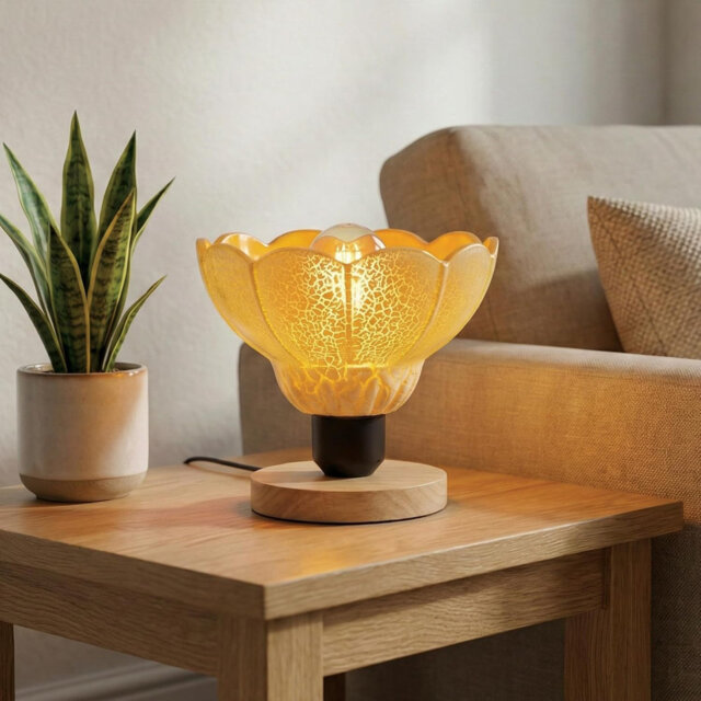 Wooden Bedside Table Lamp 16.5cm – Yellow Crackle Melon Glass Shade, Small E27 Plug-in Desk Light with 2m Cable & On/Off Switch, Nightstand Lamp for B