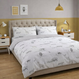 Wildlife Safari Duvet Cover Set with Pillowcases - Reversible Sketched Animal Print, 144TC Cotton-Rich Kids Bedding, Silver Grey & White