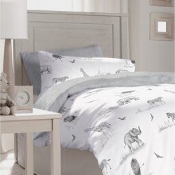 Wildlife Safari Duvet Cover Set with Pillowcases - Reversible Sketched Animal Print, 144TC Cotton-Rich Kids Bedding, Silver Grey & White
