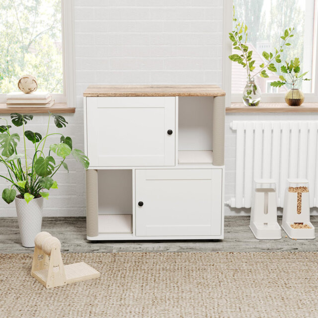 Double Layer Wooden Cat Litter Box Enclosure with Hidden Cabinet, Integrated Scrapeing Post & Litter Mat, Stylish Cat Washroom Furniture, Fits Most Li
