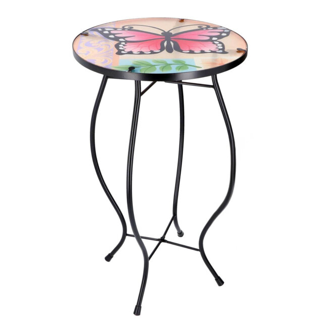 Mosaic Garden Table Weatherproof Glass & Iron, Small Round Outdoor Patio Coffee Versatile Bistro Side Table Plant Stand for Home & Gift, 30.5 cm, Gard