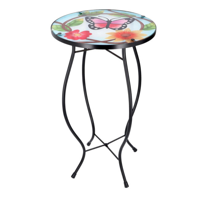 Mosaic Garden Table Weatherproof Glass & Iron, Small Round Outdoor Patio Coffee Versatile Bistro Side Table Plant Stand for Home & Gift, 30.5 cm, Gard