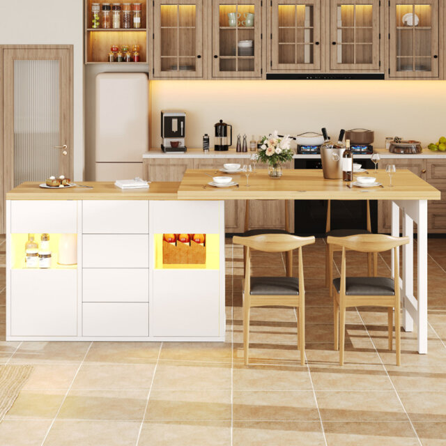 Extendable Sideboard & Dining Table Combo with LED Lighting, 4 Drawers, Glass Display Cabinet & Storage