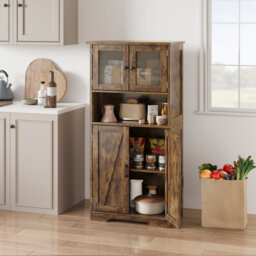 50.4-inch Tall Freestanding Wooden Bathroom Cabinet With Glass Doors And Adjustable Shelves – Versatile Kitchen And Pantry Storage Cabinet Featuring A