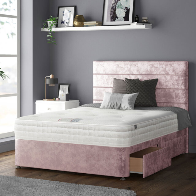 Kiara Stripped Floor Standing Headboard with Divan Base Crush Velvet and Metal Feet